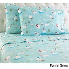 Micro Flannel Printed Fun in the Snow Bed Sheet Blue (254x218.44cm)