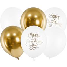 Party Latex Balloons PartyDeco Pack of 6 BALLOONS Happy Birthday White and Gold 30cm