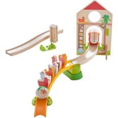 Haba Kulebaner Haba 305396 – Kullerbü Marble Run Made of Wood with Domino Stone Effect, Barn Door and 6 Chickens, Wooden Toy from 2 Years, Multi-Coloured