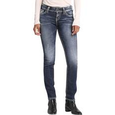 Silver Jeans Co. Women's Suki Curvy Fit Mid Rise Straight Leg Vintage Dark Wash with Lurex Stitch, x 30L