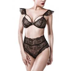 Color sólido - Negro Sujetadores Ropa Interior Gótico de Grey Velvet Lace Bra Set 2 piezas