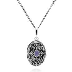 Viola Gioielli Art Nouveau Style Oval Dyed Jade & Marcasite Locket Necklace in 925 Sterling