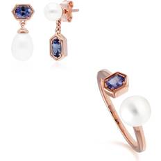 Tanzanite smycken Modern Pearl & Tanzanite Earring & Ring Set in Rose Plated