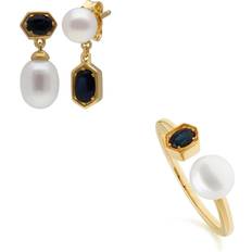 Modern Pearl & Sapphire Earring & Ring Set in Plated