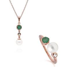 Smaragder Halsband Modern Pearl, Emerald & Topaz Pendant & Ring Set in Rose Plated