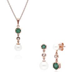 Smeraldo Orecchini Modern Pearl, Emerald & Topaz Pendant & Earring Set in Rose Plated