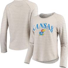 Camp David Women's Heathered Gray Kansas Jayhawks Seaside Striped French Terry Raglan Pullover Sweatshirt