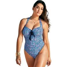 Blue Swimsuits Plus Women's Tie Front Halter One Piece by Swimsuits For All in Pebble (Size 22)