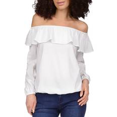 Michael Kors Off-The-Shoulder Seersucker Peasant Top - White