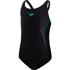 Speedo Girl's Tech Placement Digital Muscleback Swimsuit - Black/Neon Orchid/Tile