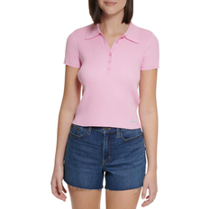 Calvin Klein Women Polo Shirts Calvin Klein Ribbed Cap Sleeve Polo Shirt - Pink Pulse