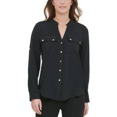 V-Neck Shirts Calvin Klein Textured Roll Tab Button Down Shirt - Black