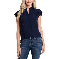 High Collar Blouses CeCe Pintuck Ruffled Blouse - Navy J