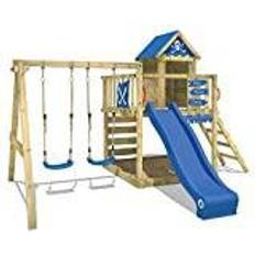 Wickey Wooden climbing frame Smart Cave with swing set and blue slide, Playhouse on stilts for kids with sandpit, climbing ladder & playaccessories
