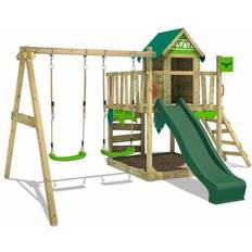 Fatmoose Wooden climbing frame JazzyJungle with swing set and green slide, Playhouse on stilts for kids with sandpit, climbing ladder & play-accessories