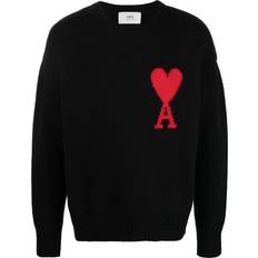 Ami Paris De Coeur Intarsia-knitted Merino Wool Crewneck Oversized Sweater Black/Red