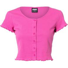 Urban Classics Ladies Cropped Button Up Rib Tee - Pink