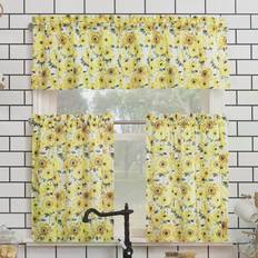 Yellow Valances Sunny Sunflower Print Semi-Sheer Rod Pocket Kitchen Curtain Valance & Tiers Set 60.96x137.16cm