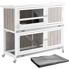 Pets Pawhut Two-Tier Rabbit Hutch with Wheels Trough Rain Cover Tray