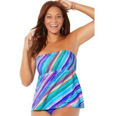 Tankinis Swimsuits For All Plus Women's Smocked Bandeau Tankini Top in Electric Stripe (Size 12)