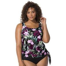 Pink - Women Tankinis Swimsuits For All Plus Women's Side Tie Blouson Tankini Top in Wine Flower (Size 34)