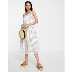 Slipklänningar - Vita River Island Striped Broderie Smock Midi Dress Cream