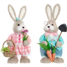 Polyester Beeldjes Dkd Home Decor ative Figure Blue Pink Brown Polyester Rabbit polystyrene Fibre Shabby Chic (20 x 17 x 49 cm) (2 Units) Figurine