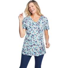 Woman Within Women T-shirts Woman Within Plus Women's Perfect Printed Short-Sleeve V-Neck Tee in Heather Azure Blossom Vine (Size 3X) Shirt