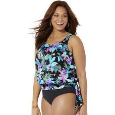 Tankinis Swimsuits For All Plus Women's Side Tie Blouson Tankini Top in Neon Tropical (Size 30)