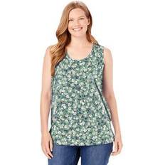 Woman Within Women Tank Tops Woman Within Plus Women's Perfect Printed Scoop-Neck Tank in Sage Blossom Vine (Size 14/16) Top