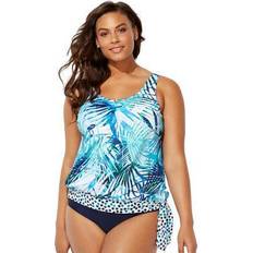 Swimsuits For All Plus Women's Side Tie Blouson Tankini Top in Palm (Size 30)