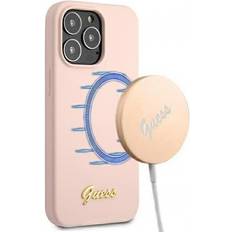 Guess iPhone 13 Pro Max Skal Magsafe Silicone Script Guld Logo LjusRosa