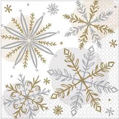 Noël Assiettes, Tasses et Couverts Amscan Shining Snow Christmas Beverage Napkin, White/Silver/Gold, 80/Pack (502174) White