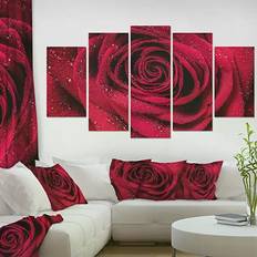 Design Art Red Rose Petals in Rain Droplets Wall Decor 32x60" 5