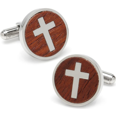 Brown - Men Cufflinks Ox and Bull Cross Round Wood Cufflinks - Silver/Brown