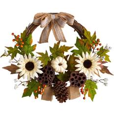 Flowers Nearly Natural 20" Autumn Sunflower, White Pumpkin and Dried Lotus Pod Artificial Fall Wreath with Decorative Bow