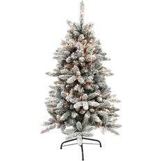 Yellow Christmas Trees Puleo International 4.5 ft. Pre-Lit Flocked Birmingham Fir Artificial with 150 Ul-Listed Lights Christmas Tree