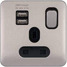 Schneider Electric Lisse Screwless Deco Switched Single Power Socket, 13A, Single Pole, with 2 USB Charging Ports, 2.1A shared, GGBL30102U