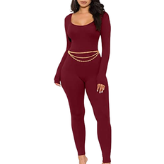 Slim - Women Jumpsuits & Overalls Gokatosau Women's Sexy Long Sleeve Bodycon Solid Outfits Club Rompers Jumpsuits - Wine Red