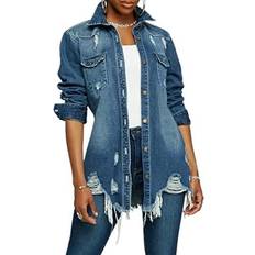 Denim Shirts - Women LaiyiVic Winter Long Sleeve Classic Distressed Butterfly Jean Trucker Jackets