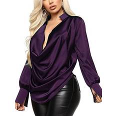 Lyaner Women's Satin Collar Neck Drape Ruched Front Long Sleeve Blouse Shirt Top