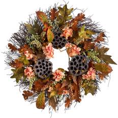 Flowers Nearly Natural 22" Autumn Hydrangea, Dried Lotus Pod Artificial Fall Wreath