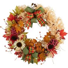 Flowers Nearly Natural 30" Harvest Autumn Sunflower, Maple Leaves and Berries Artificial Fall Wreath with Decorative Bows