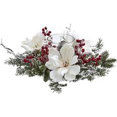 Red Decorative Items Nearly Natural 6.5" x 17" Artificial Frosted Magnolia and Berry Plant Arrangement Artificial Plant