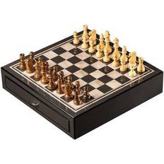 International G551 Carbon Fiber & Mother of Pearl Design Chess Set with Accessory Drawers, Beige & Brown