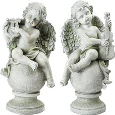 Resin Interior Details Northlight Cherub Angels with Violin and Harp Sitting on Finials Figurine 14.8" 2pcs