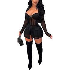 Mesh - Women Jumpsuits & Overalls Mintsnow Clubwear Zipper Up with Pad Tops Shorts Rompers - Black