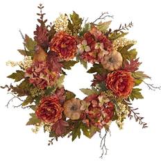 Nearly Natural 24 in. Peony, Hydrangea and Pumpkin Fall Artificial Wreath