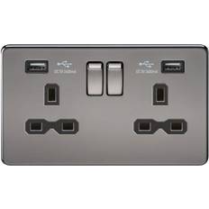 Knightsbridge SFR9224BN Screwless Flat Plate Switched Socket with Dual USB, 230 V, Black Nickel