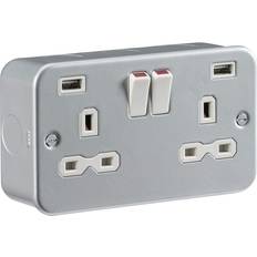 Röda Vägguttag Knightsbridge Metal Clad 13A 2G Switched Socket with Dual USB Charger 2.4A